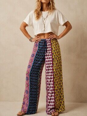 Josie Pull-On Satin Boho Printed Panel Straight Leg PJ Lounge Pants M